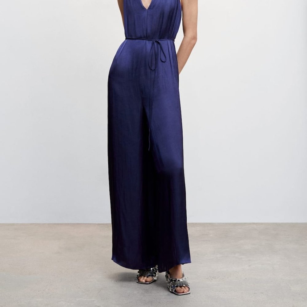 NWT Mango Navy satin cross-back jumpsuit
